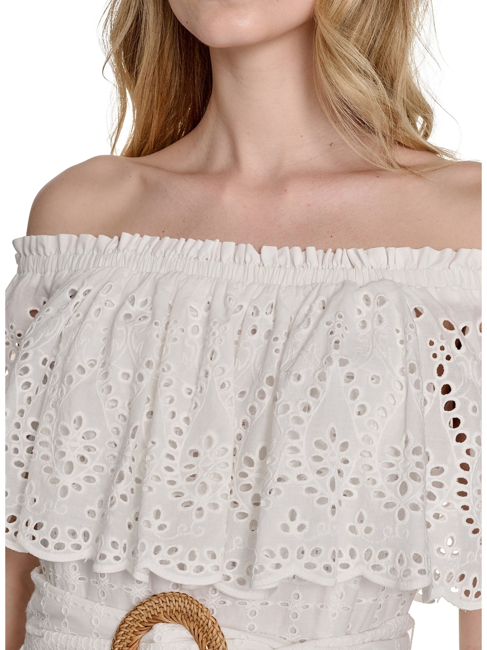 Eliza J Ivory White Off-Shoulder Eyelet Boho Cotton Midi Long Dress Belted Sz 4 - Picture 4 of 15